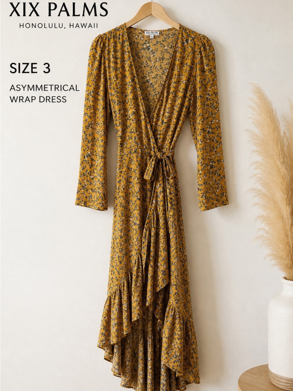 Mustard Floral Asymmetrical Wrap Dress